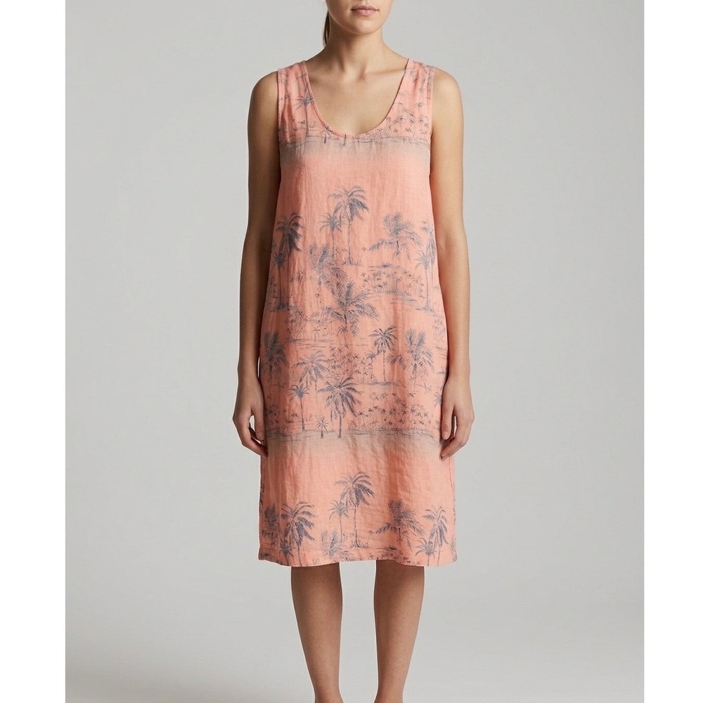 C.C. Collection Pink Linen Tropical Palm Tree‎ Shift Dress Medium Made in USA